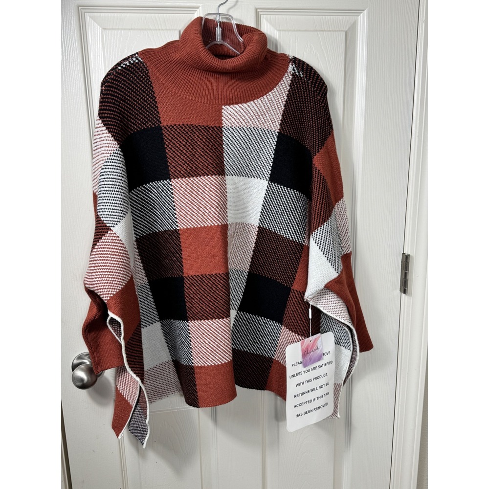 NWT Chicwish Plaid Poncho Turtleneck Sweater Knit Pullover Cape Rust One Size